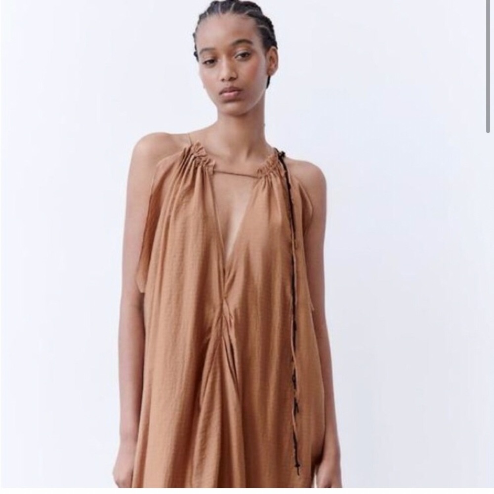 NWT • ZARA • STUNNING Lightweight Billowy Maxi Dress with Black Beaded Trim - Picture 5 of 14